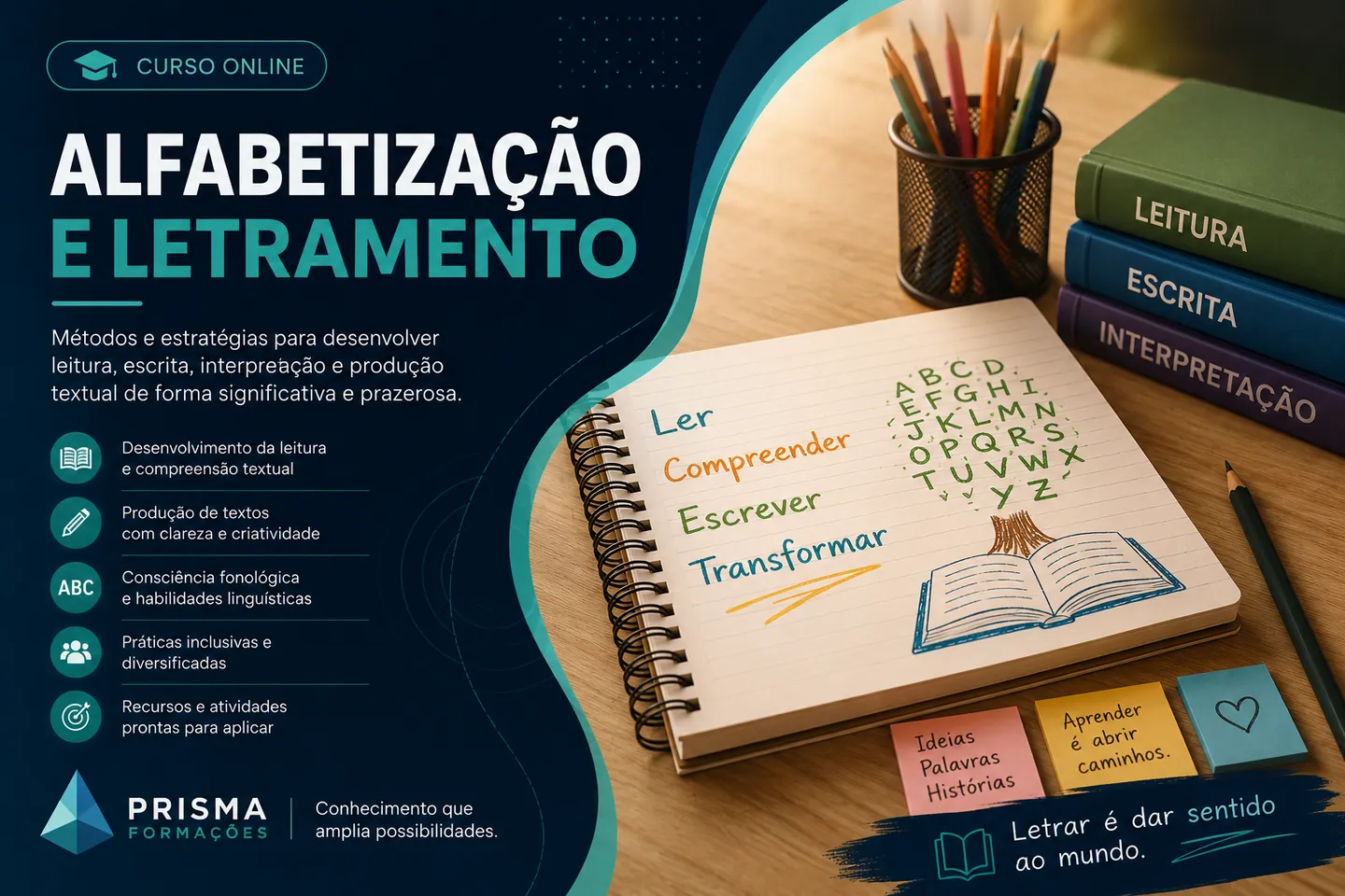Arte de divulgação do curso on-line de Alfabetização e Letramento da Prisma Formações