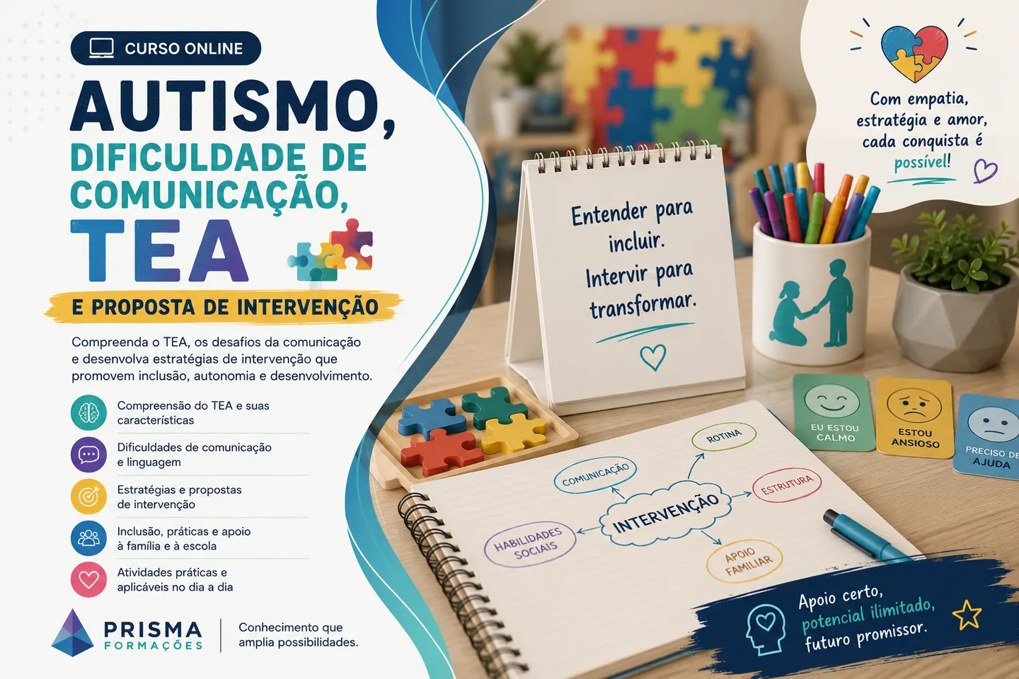 Arte de divulgação do curso on-line de Autismo, Dificuldade de Comunicação, TEA e Proposta de Intervenção da Prisma Formações