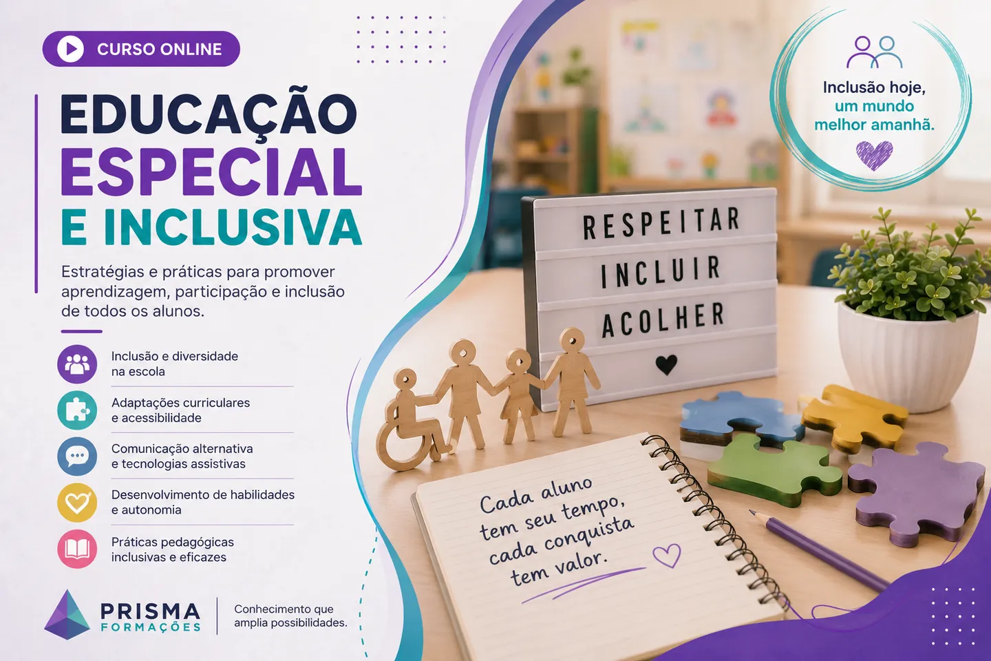 Arte de divulgação do curso on-line de Educação Especial e Inclusiva da Prisma Formações
