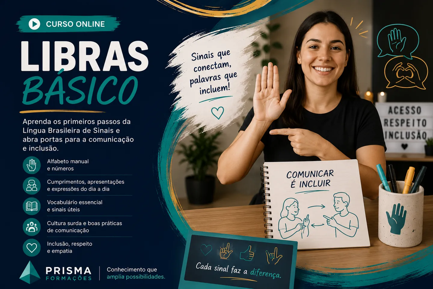 Arte de divulgação do curso on-line de Libras Básico da Prisma Formações