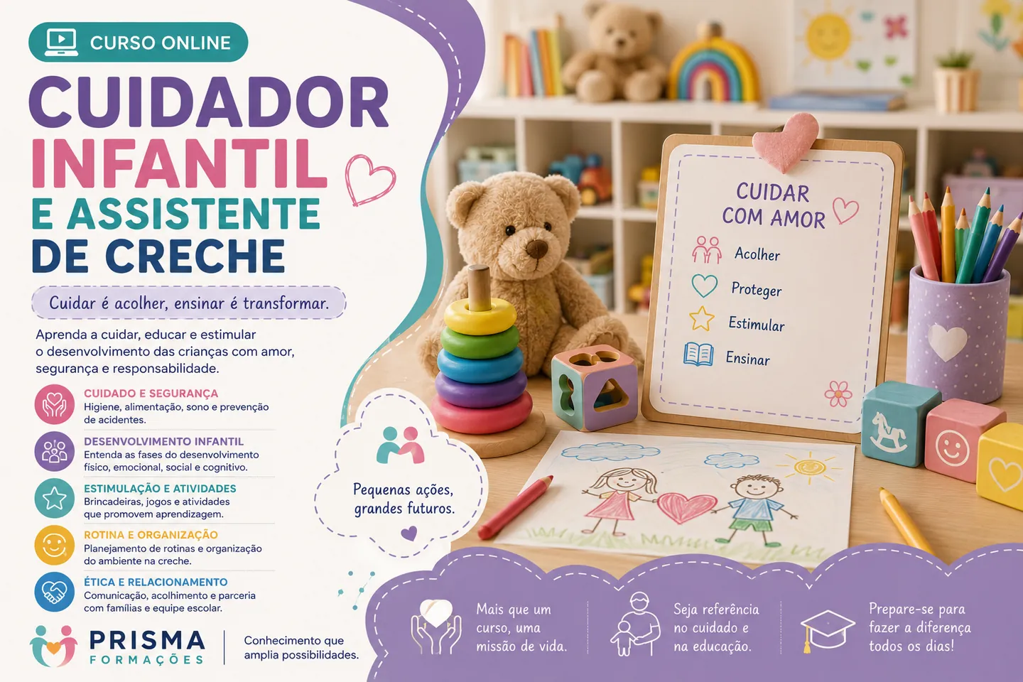 Arte de divulgação do curso on-line de Cuidador Infantil e Assistente de Creche da Prisma Formações