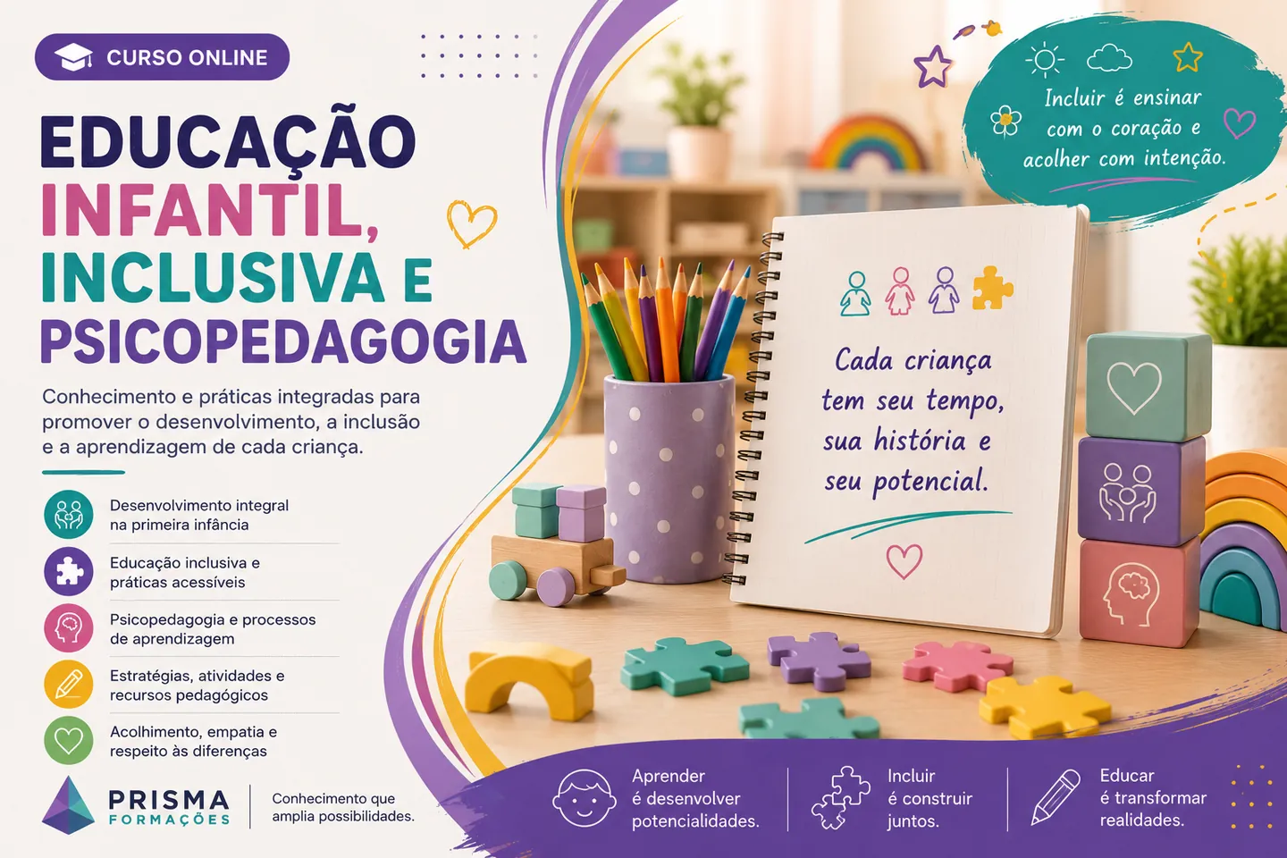 Arte de divulgação do curso on-line de Educação Infantil, Inclusiva e Psicopedagogia da Prisma Formações