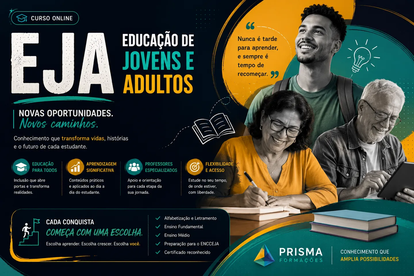 Arte de divulgação do curso on-line de EJA — Educação de Jovens e Adultos da Prisma Formações