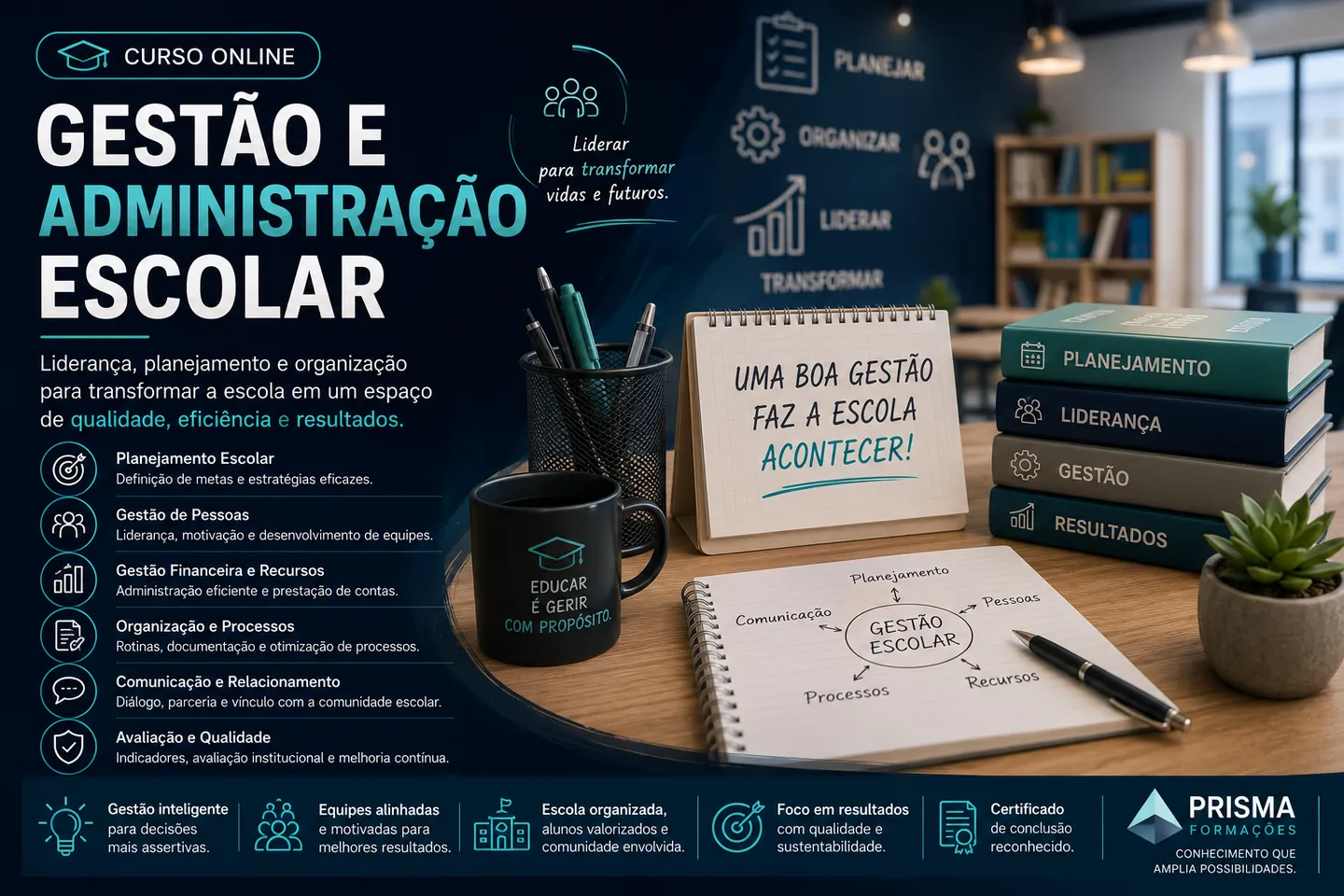 Arte de divulgação do curso on-line de Gestão e Administração Escolar da Prisma Formações