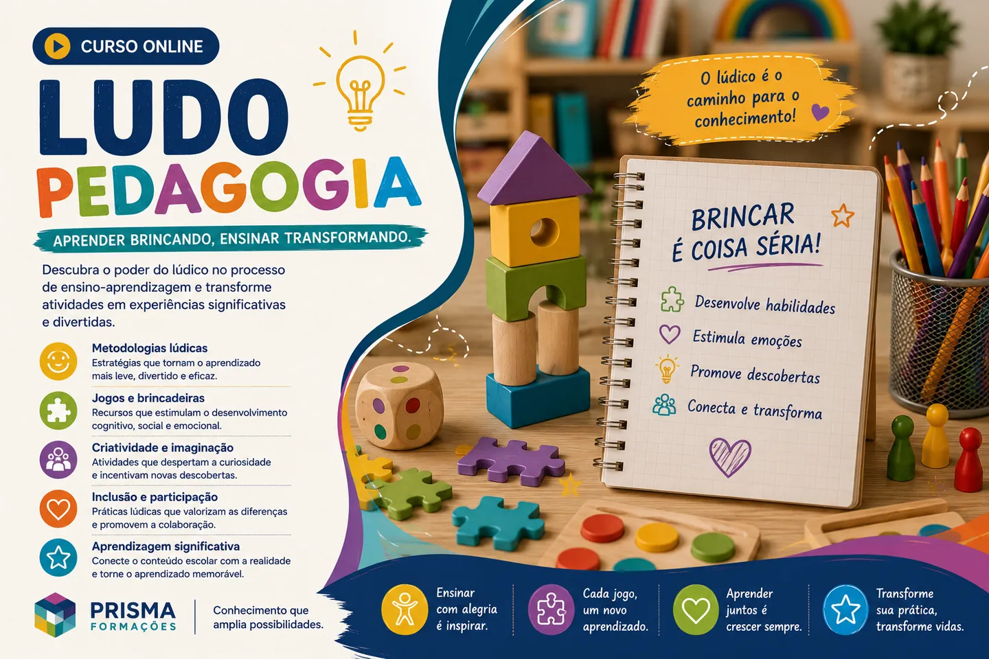 Arte de divulgação do curso on-line de Ludopedagogia da Prisma Formações