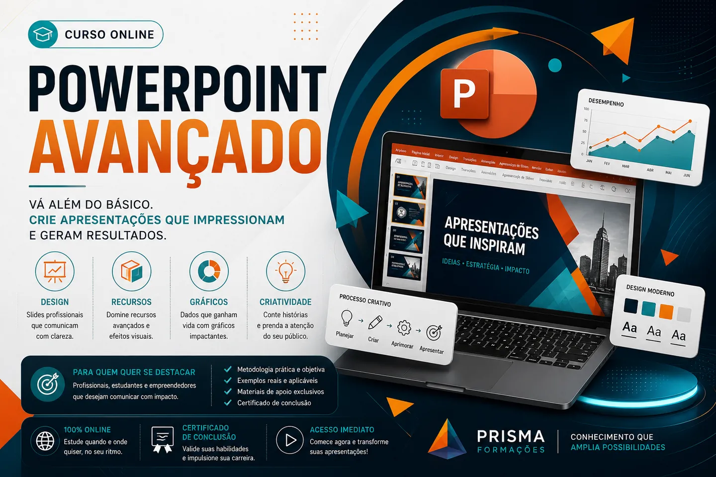 Arte de divulgação do curso on-line de PowerPoint Avançado da Prisma Formações