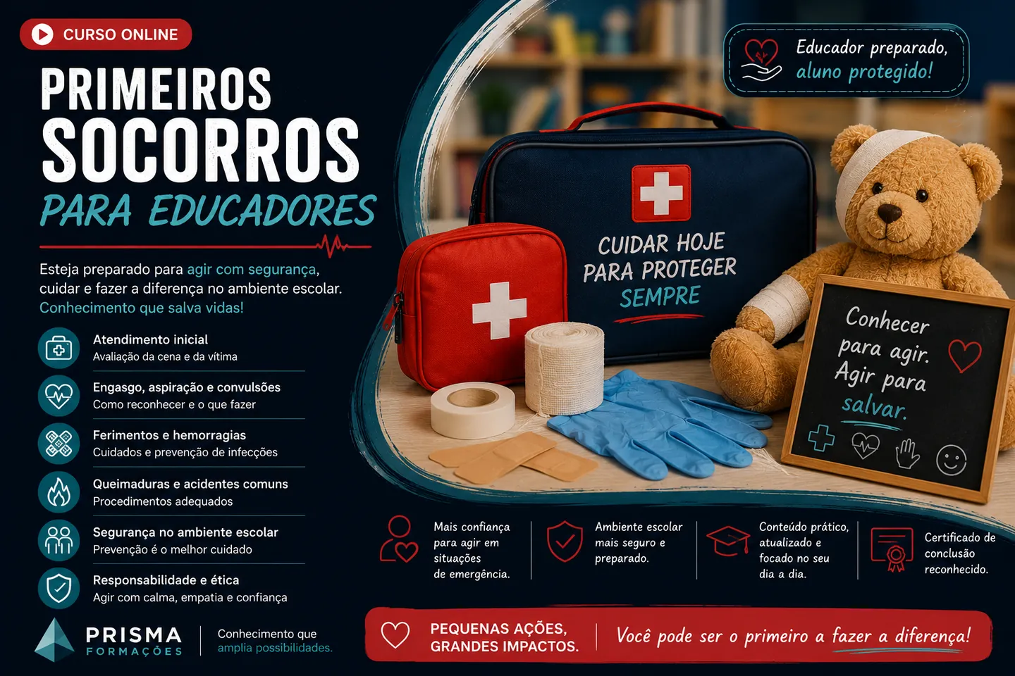 Arte de divulgação do curso on-line de Primeiros Socorros para Educadores da Prisma Formações
