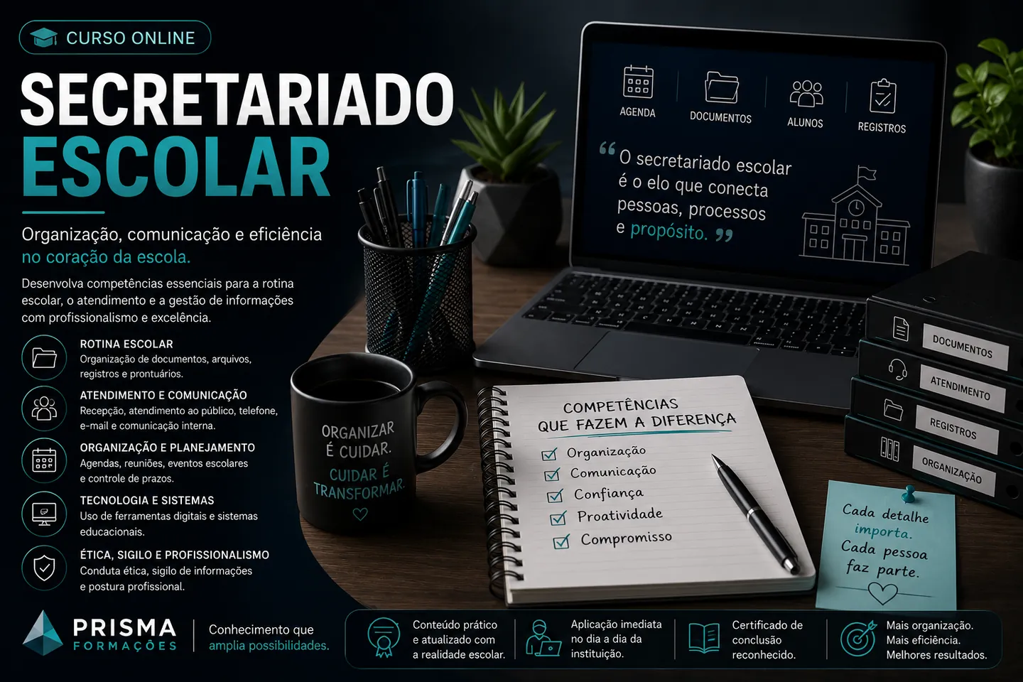 Arte de divulgação do curso on-line de Secretariado Escolar da Prisma Formações