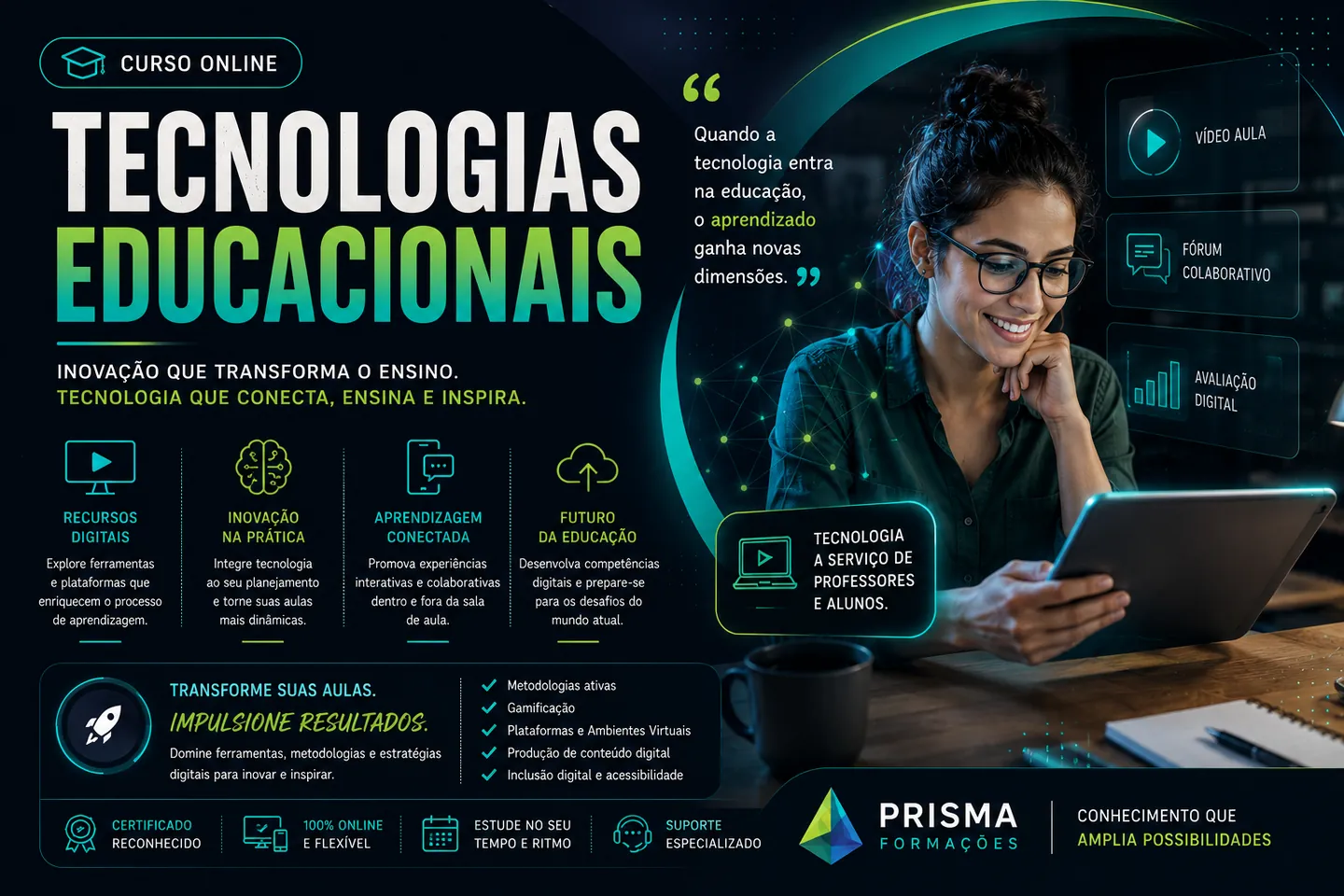 Arte de divulgação do curso on-line de Tecnologias Educacionais da Prisma Formações