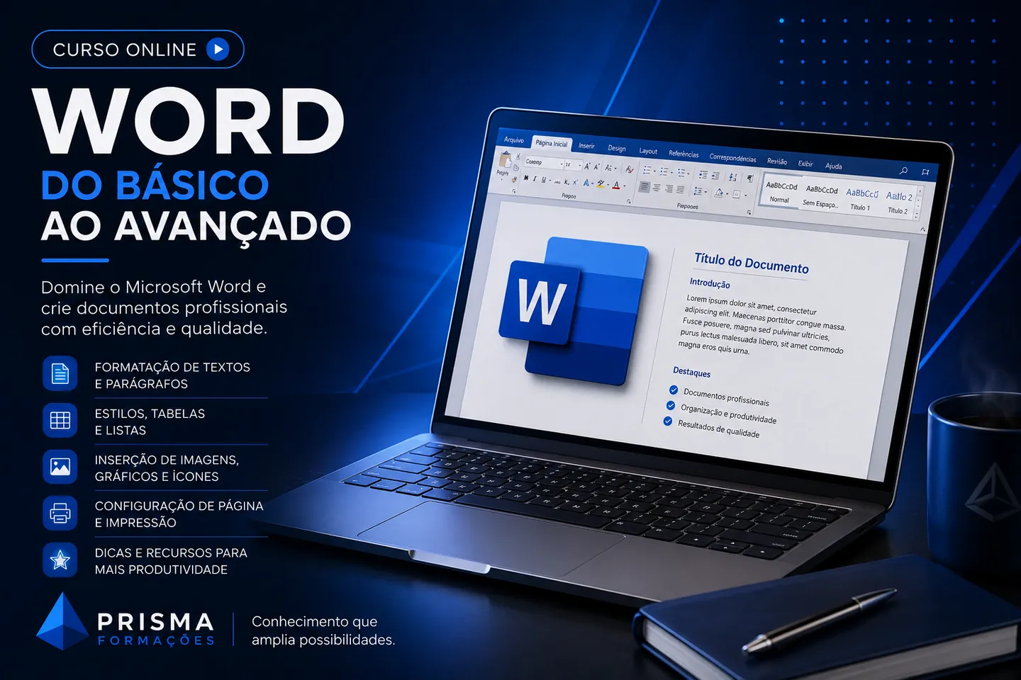 Arte de divulgação do curso on-line de Word Avançado da Prisma Formações