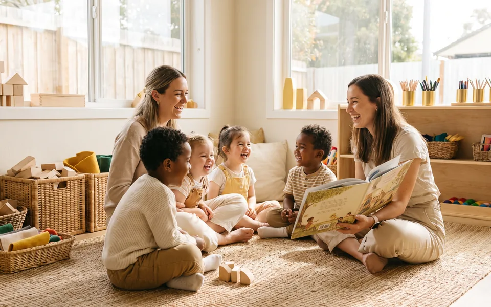 Educadoras com crianças em uma atividade de leitura