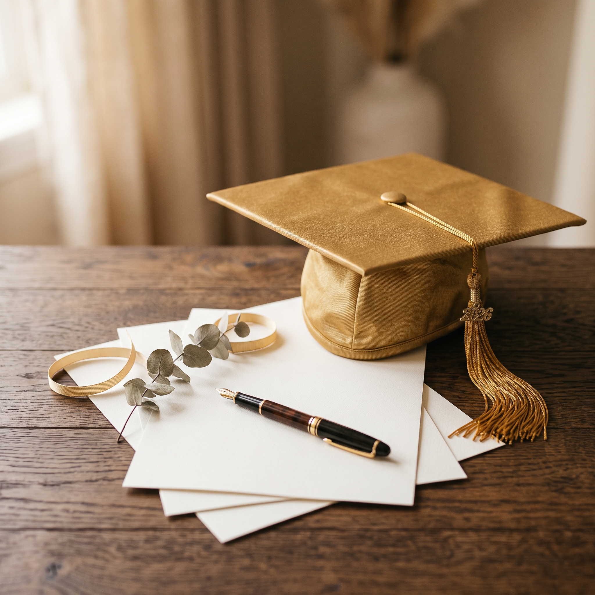 Capelo de formatura dourado sobre papéis