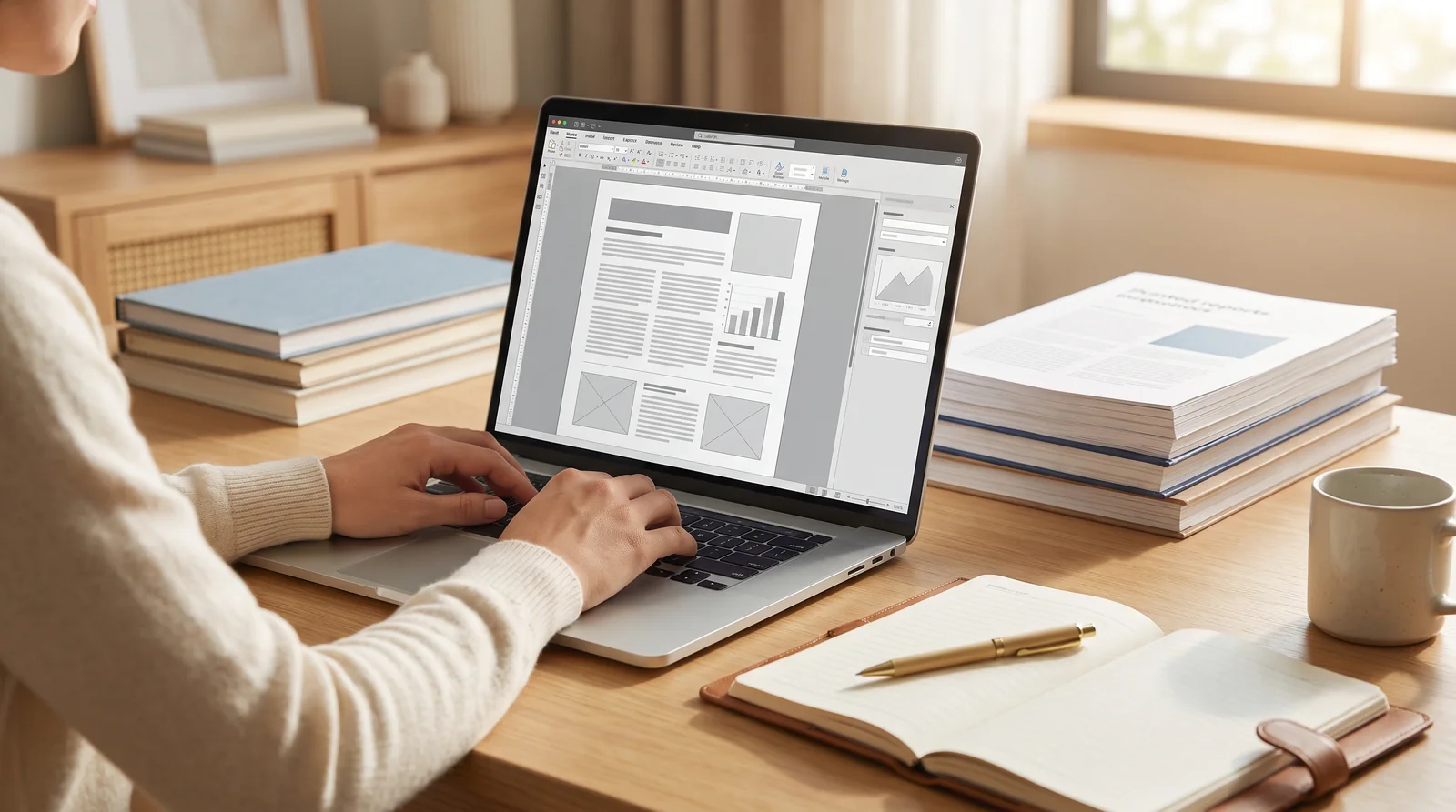 Profissional organizando documentos acadêmicos em um notebook
